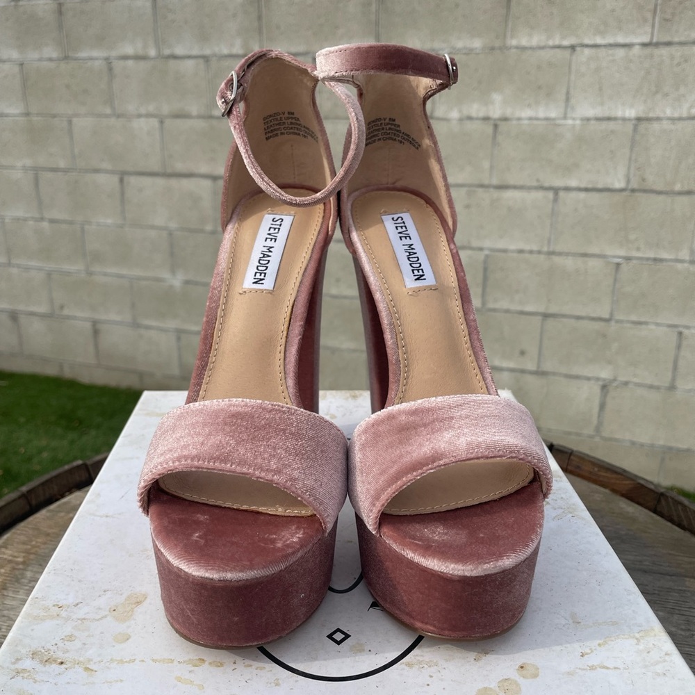 Steve Madden Pink Blush Velvet High Heels with Block Platform and Ankle Strap